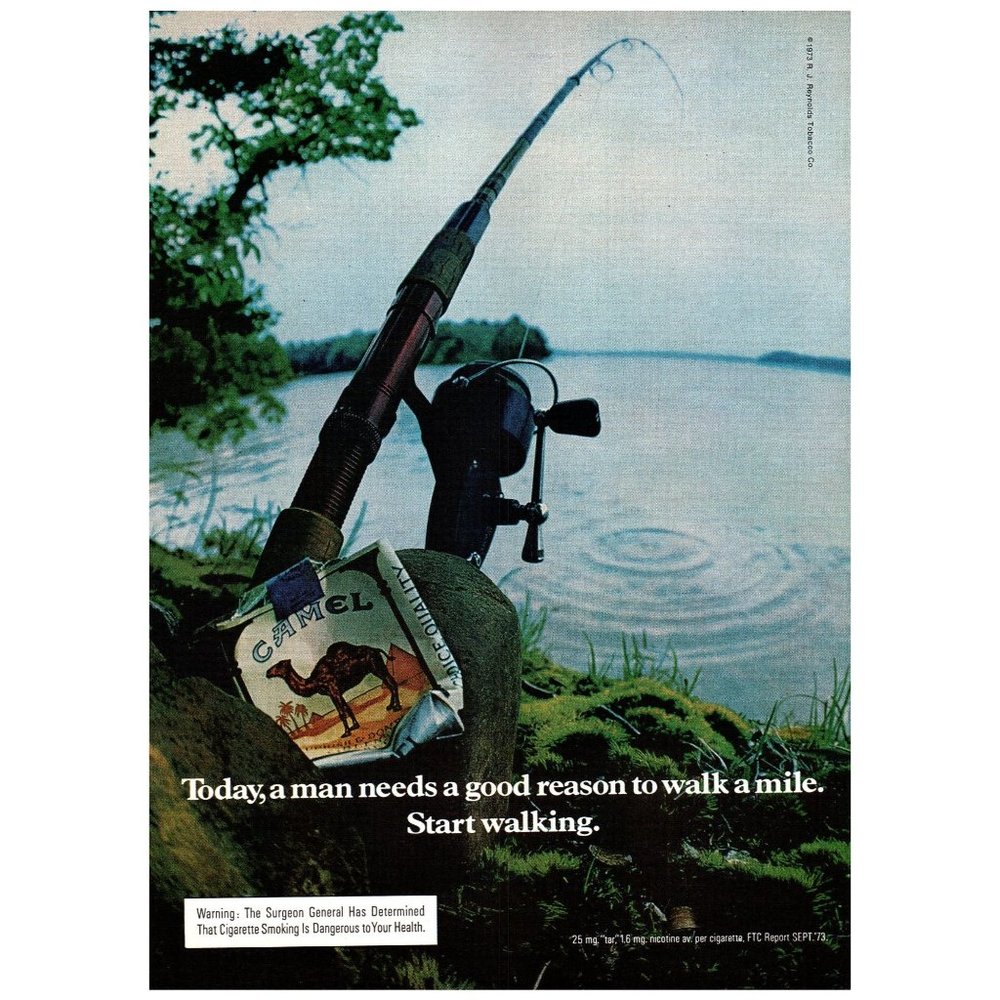 1974 Camel Cigarettes Start Walking Vintage Print Ad Fishing Rod Lake Nature Art